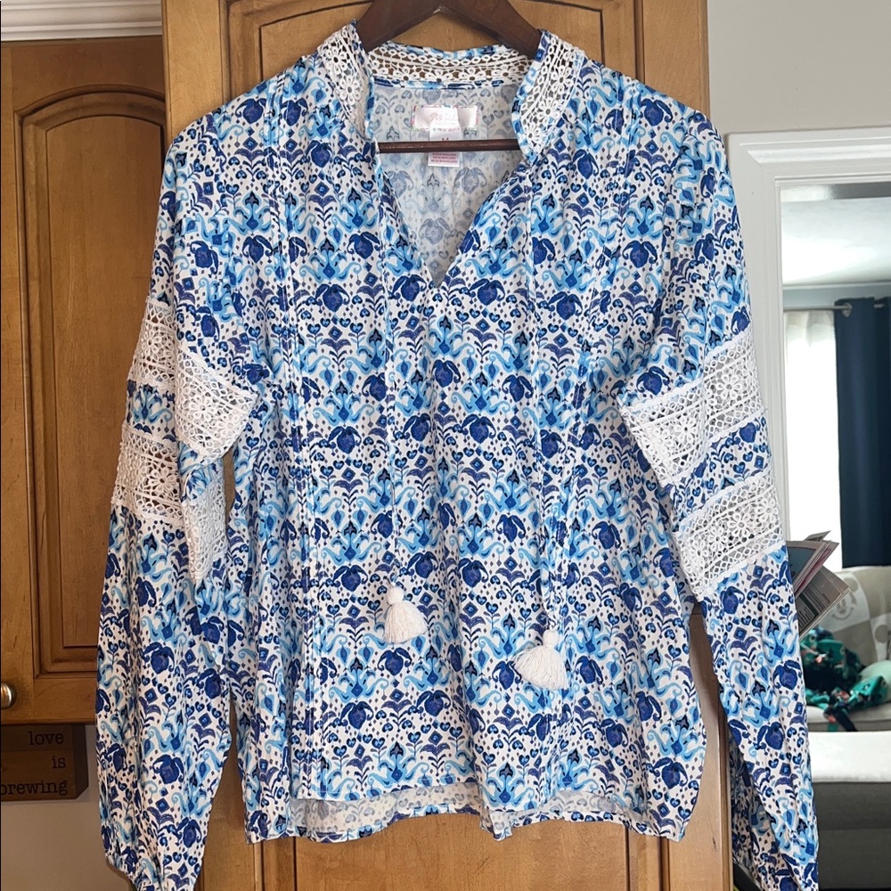 Stella Parker Blue and White Long Sleeve Blouse